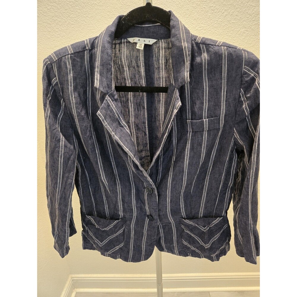 Cabi 10 Navy Blue White Pinstripe Linen Blazer Chevron Pocket Summer Jacket